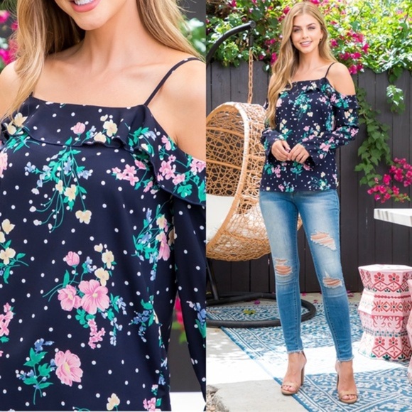 NEW COLD OFF SHOULDER POLKA DOT RUFFLE DETAIL SPAGHETTI‎ STRAP FLORAL NAVY TOP - Picture 4 of 10